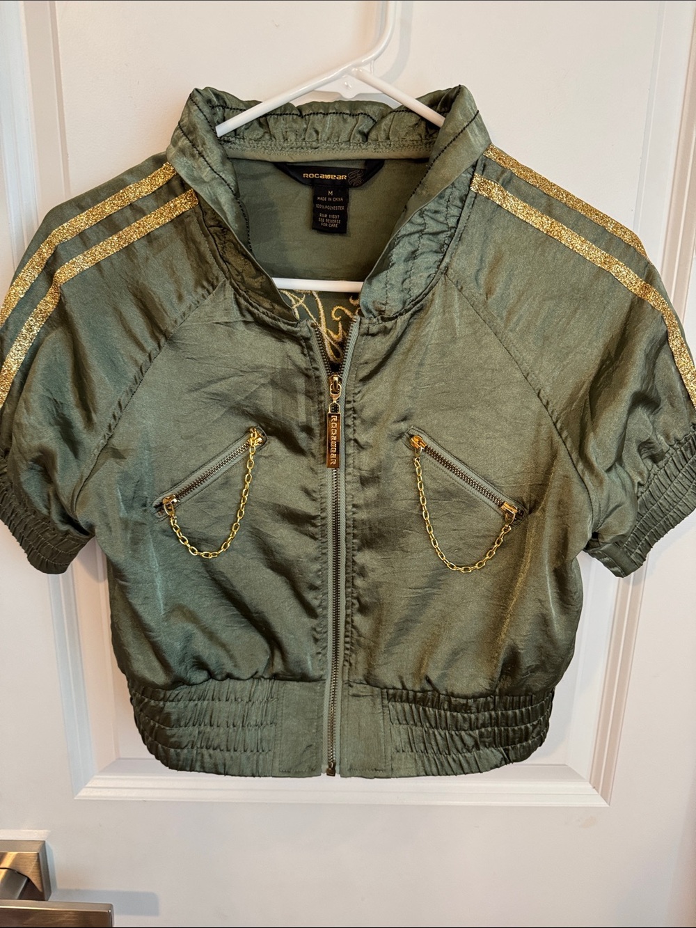 Rocawear Olive Green Cropped Bomber with Gold Trim & Chain Accents